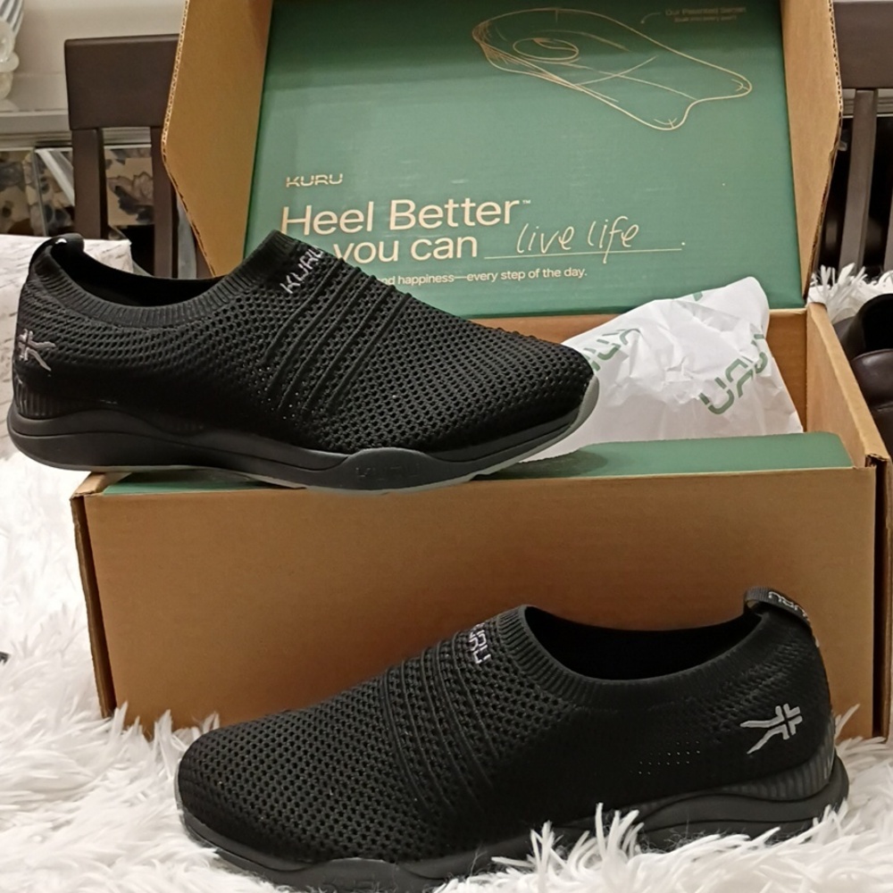 New Kuru Stride Black Knit Slip-On Sneakers Walking Plantar Fascitis Shoes 11M